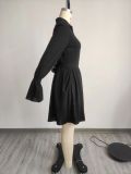 Autumn/Winter Shirt Lapel Flare Sleeve Pleated Dress With Belt