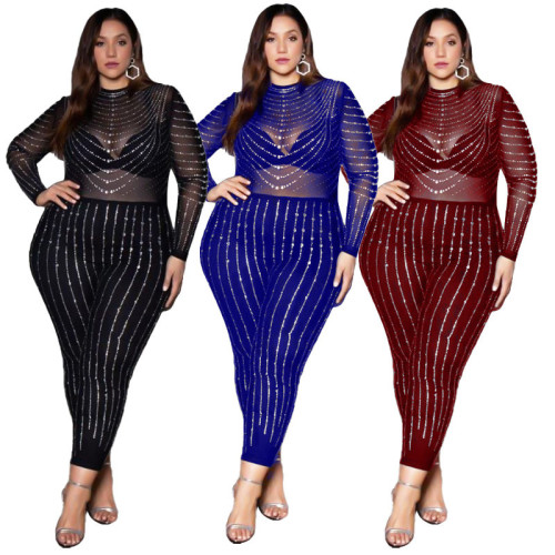 Hot-selling high-stretch see-through sexy long-sleeved mesh hot drill jumpsuit