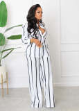 Autumn and winter striped print long-sleeved shirt and trousers two-piece suit