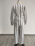 Autumn and winter striped print long-sleeved shirt and trousers two-piece suit