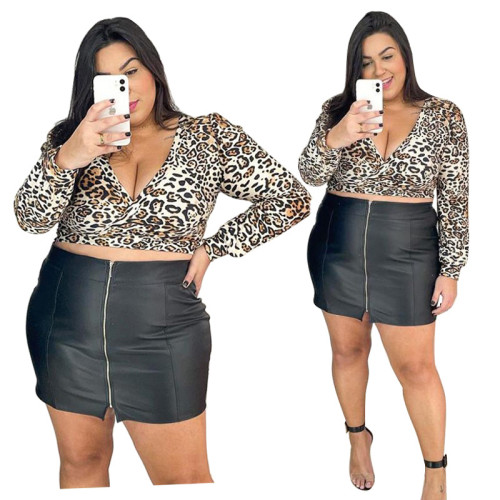 Plus Size Women's Sexy Leopard Print Two-piece Slim Fit All-match Top + Leather Skirt