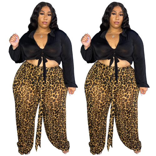 Plus Size Women's Casual Solid Color Lace-Up Top + Leopard Print Pants Two-piece Set