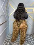 Plus Size Women's Casual Solid Color Lace-Up Top + Leopard Print Pants Two-piece Set