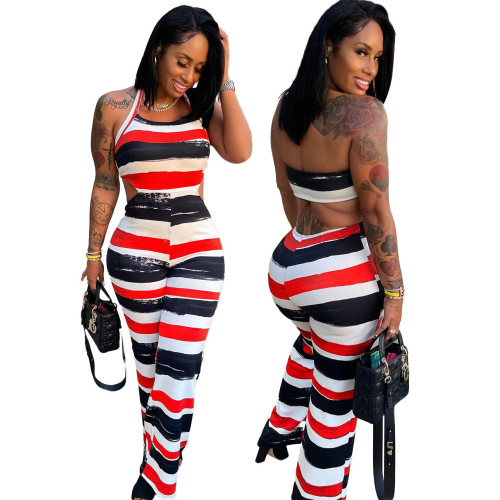 2022 Sexy Striped Print Backless Jumpsuit
