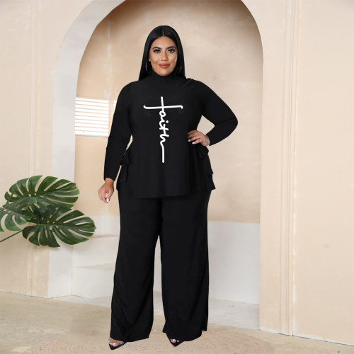 Fashionable and casual solid color large size Side slit straps round neck Loose two-piece suit