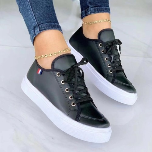 2022 large size round toe lace-up flat solid color casual shoes