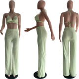 2022 Solid Color Long Sleeve Jacket Wide Leg Pants Bikini Three Piece Set