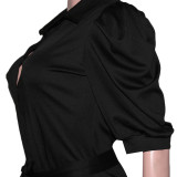 2022 Sexy Lapel Short Sleeve Lace Up Shirt Mesh Piece Dress