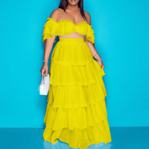 2022 summer solid color wrap chest sexy one word collar top cake skirt two-piece set