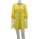 Loose V-Neck Casual Solid Color Mid-Sleeve Shirt Dress Pink