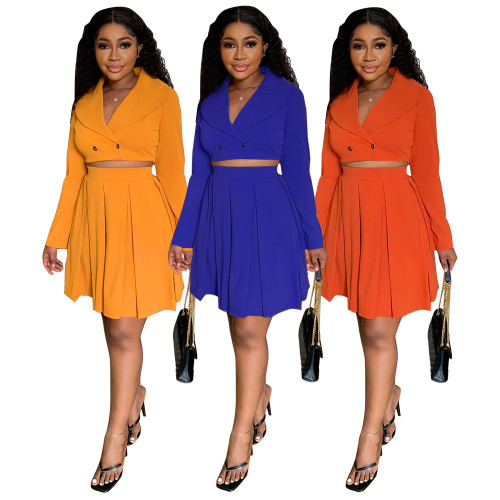 V-neck cropped navel small suit top solid color high waist A-line skirt fashion two pieces