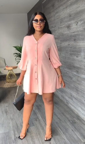 Loose V-Neck Casual Solid Color Mid-Sleeve Shirt Dress Pink