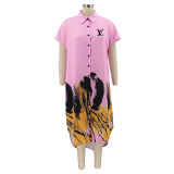 Irregular Print Casual Ladies Shirt Long Dress