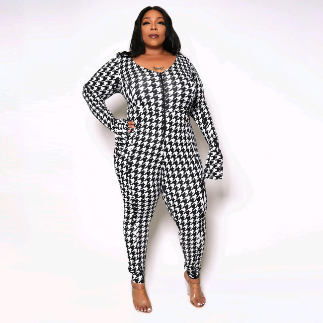 Sexy V-Neck Printed Plus Size Zip Jumpsuit