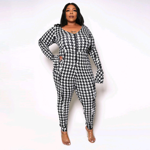 Sexy V-Neck Printed Plus Size Zip Jumpsuit