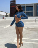 2022 Lace-up Backless Stretch Shorts Denim Casual Two Piece Set