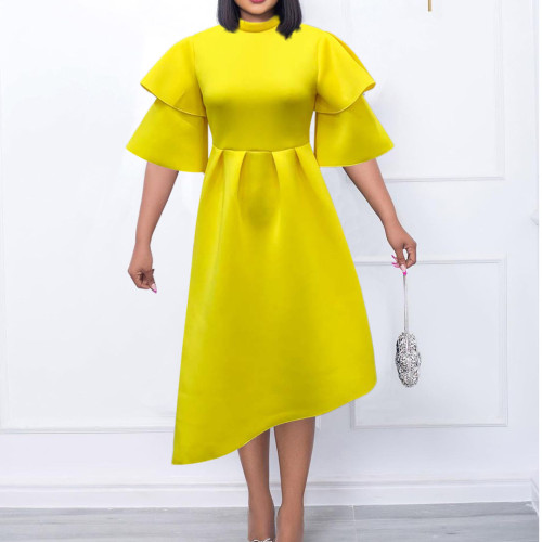 2022 Double Layer Lotus Leaf Sleeve Solid Color Swing Dress
