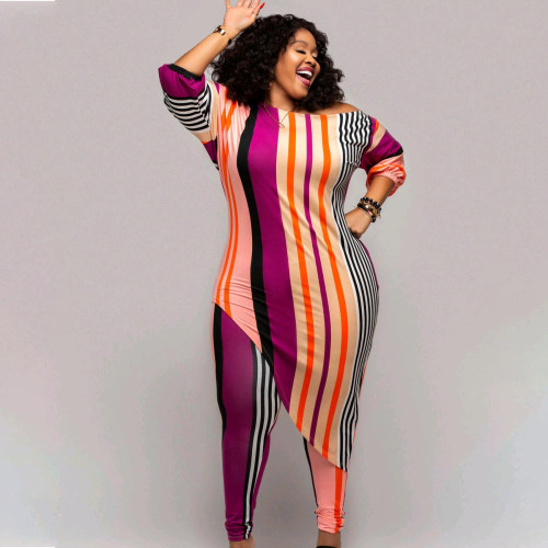 Plus Size Women's Casual Fashion Printed Striped Suit + Two Piece Set