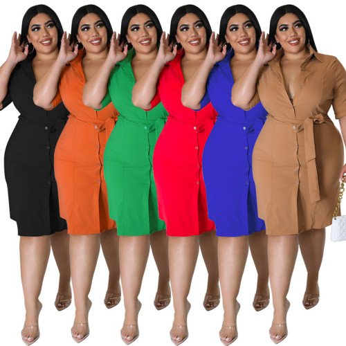 Plus Size Women's Solid Color Short Sleeve Shirt Dress