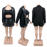 2022 autumn large size solid color sequins three-piece culottes suit