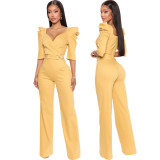 Sexy Fashion Solid Color Three-quarter Sleeve V-Neck Women's Jumpsuit