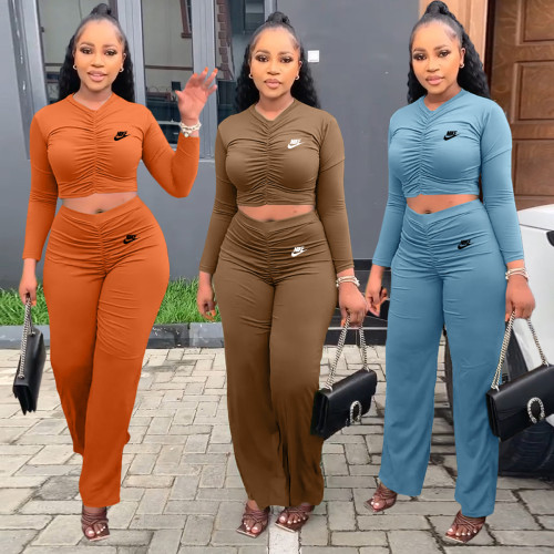 Autumn and winter pleated top and trousers casual sports two-piece set