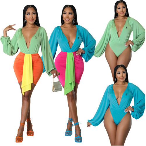 Fashionable and sexy color matching one piece hakama suit two-piece set
