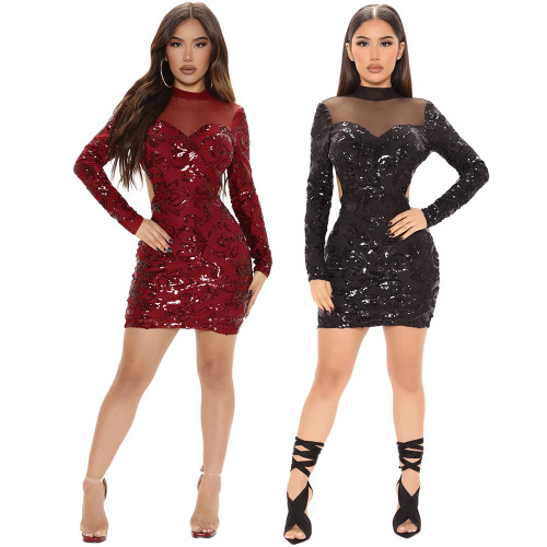 Sexy Sheer Mesh Crew Neck Sequined Backpack Hip Party Dress