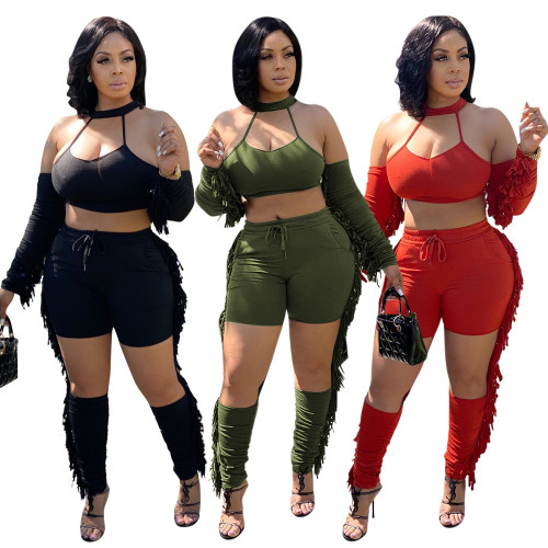 Solid color halter neck halter sleeve top with lace-up ripped trousers two-piece set