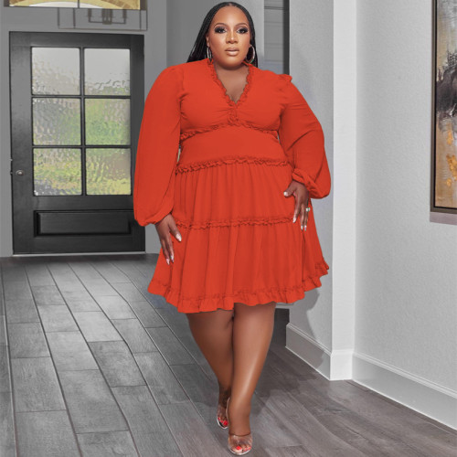 Solid Color V-Neck Sexy Woven Swing Skirt Plus Size Women's Dress Orange