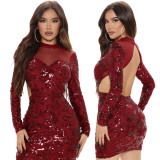 Sexy Sheer Mesh Crew Neck Sequined Backpack Hip Party Dress