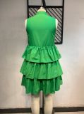 Plus Size Women's Solid Color Button Layered Sleeveless Loose Cake Dress