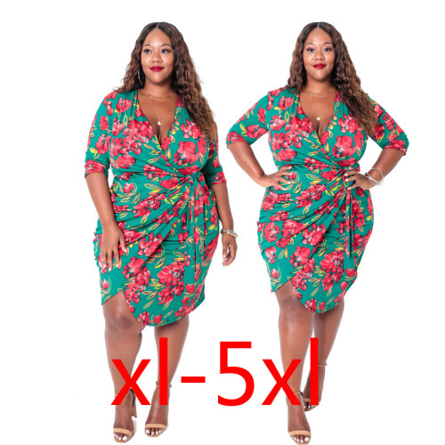 Plus Size Women's Printed Lace-Up Dress V-Neck Irregular Sexy Pencil Skirt