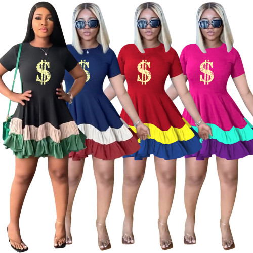 Splicing Contrast Color Casual Slim A-line Skirt Swing Dress Nightclub