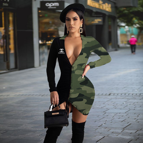 Color-blocking stretch sexy deep V-neck camouflage jumpsuit