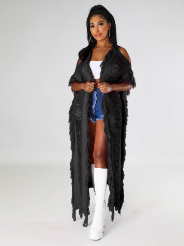Fashion hollow cardigan fringed autumn and winter knitted coat