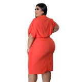 Plus Size Women Fashion Casual Short Sleeve Belt Slim Fit Solid Color Dress