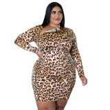 Fashion Sexy Leopard Print Mini Long Sleeve Zip Dress