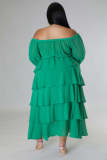 Large size women's fashion temperament one-shoulder cake skirt green long dress