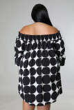 Plus Size Women's Printed Dot Chiffon One-Line Neck Off Shoulder Sexy Dress