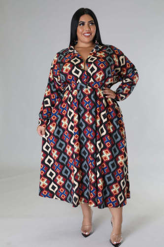Plus Size Dress Mid Length Printed Shirt Dress Casual Party Party A-Line Skirt