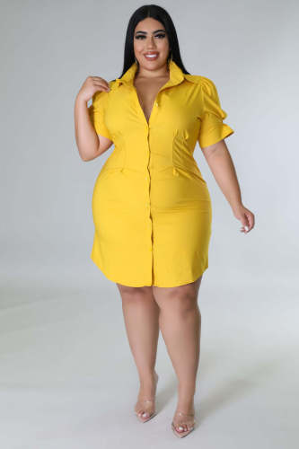 Plus Size Women's Party Fashion Casual Short Sleeve Solid Color Shirt Single Row Button Jumpsuit