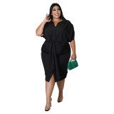 Plus Size Women Fashion Casual Short Sleeve Belt Slim Fit Solid Color Dress