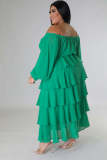 Large size women's fashion temperament one-shoulder cake skirt green long dress