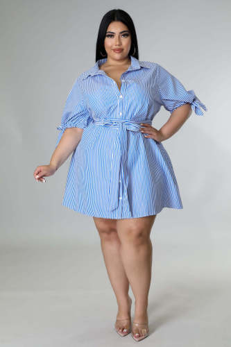polo collar shirt dress plus size striped lace-up casual commuter skirt