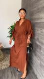 Plus Size Casual Fashion Stand Collar Slit Solid Color Dress