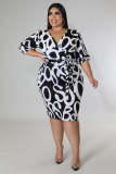 Leopard print plus size commuter dress lace up elegant skirt