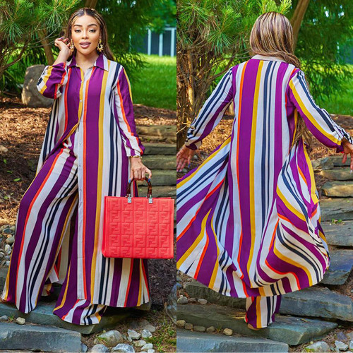 Two-piece set of striped large cape and long-sleeved trousers