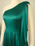 Large size women's sexy one-shoulder swing dress green slimming dress (without belt)