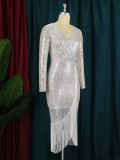 Plus Size Women's Sequined High Stretch Evening Dress Fashion V-Neck Slit Fringe Dress